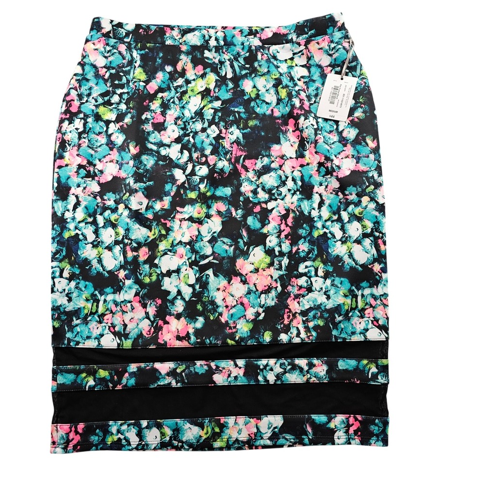 Belle + Sky Pencil Skirt Women's Medium Multi Floral Stretch Mesh Panel‎ Pull-On